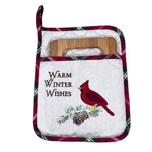 Warm Winter Wishes Embroidered Potholder Plaid Trim Cardinal Bird Cutting Board